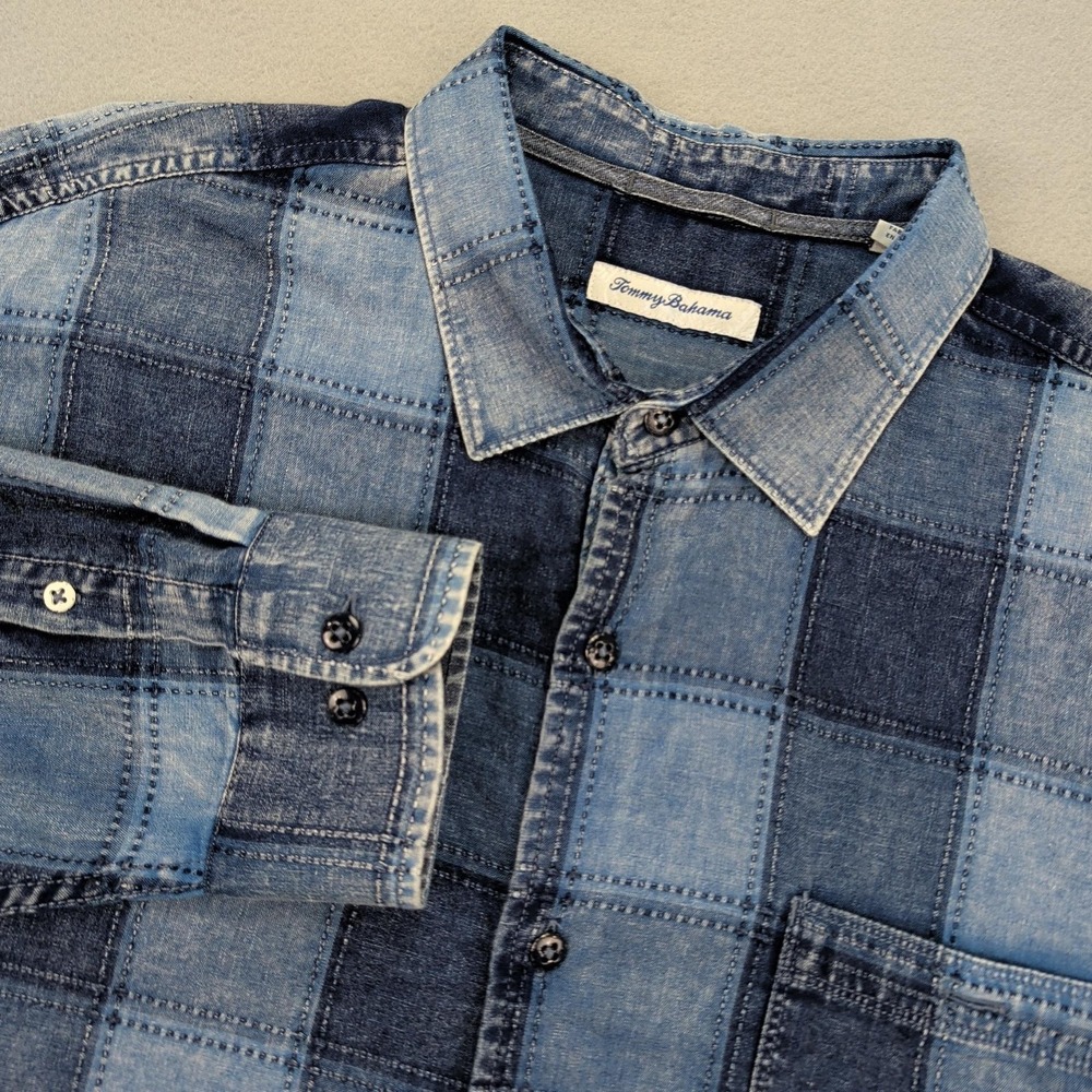 Tommy‎ Bahama Shirt Mens 2XL Blue Check Plaid Button Front Denim Patchwork